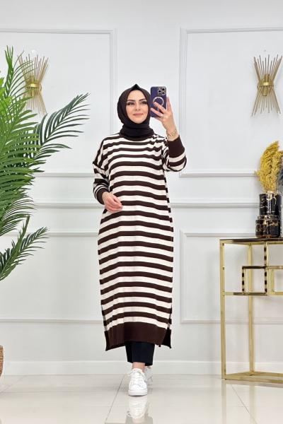 CANSEL ÇİZGİLİ TRİKO TUNİK-ACI KAHVE Acı Kahve