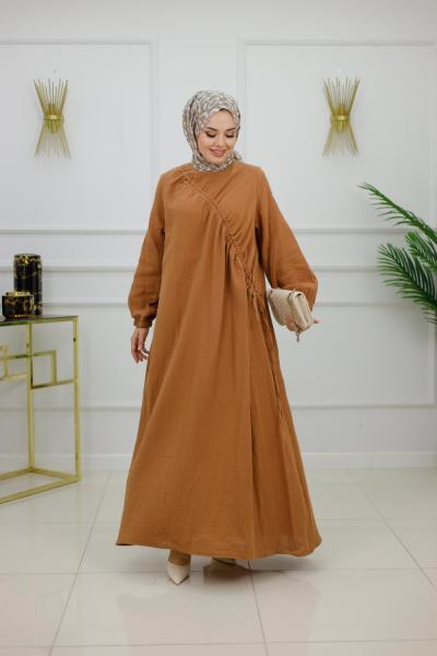 BANU MÜSLİN BÜZGÜLÜ ELBİSE-KAHVERENGİ Kahverengi