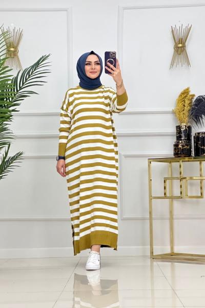 CANSEL ÇİZGİLİ TRİKO TUNİK-YAĞ YEŞİLİ Yağ Yeşili