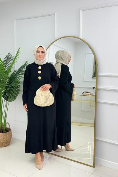 CANSU DÜĞMELİ ELBİSE - SİYAH Siyah