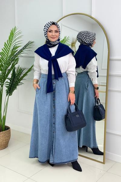 DÜĞMELİ DENİM ETEK - MAVİ Mavi