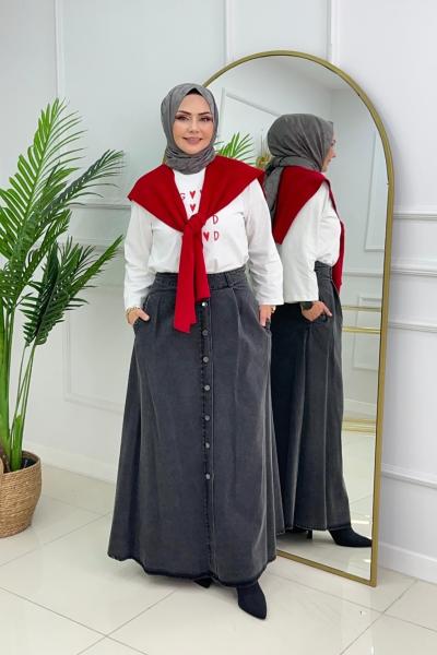 DÜĞMELİ DENİM ETEK - DUMAN Duman