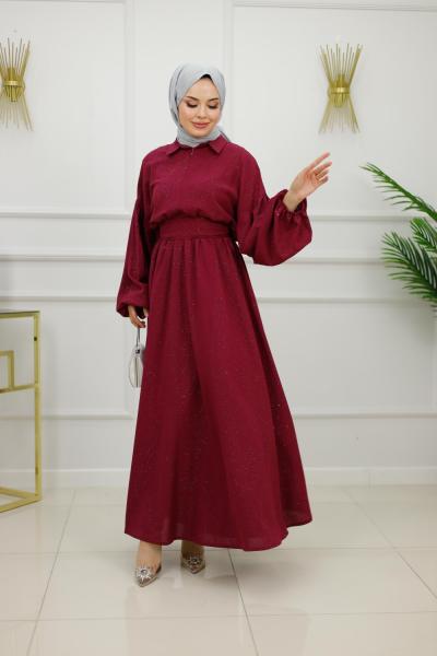 IŞILTI ELBİSE-BORDO Bordo