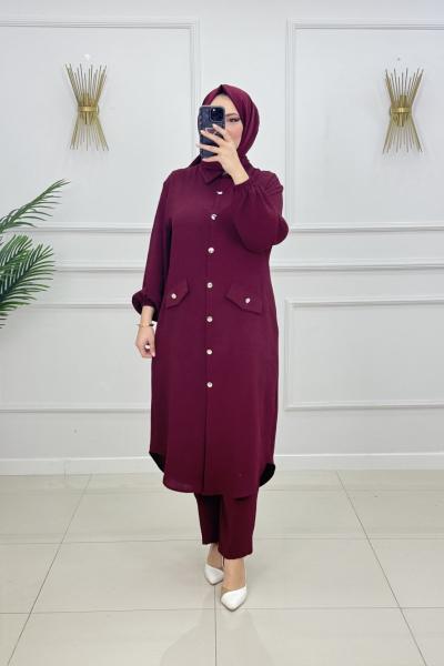 MELİKE DÜĞMELİ TAKIM-BORDO Bordo